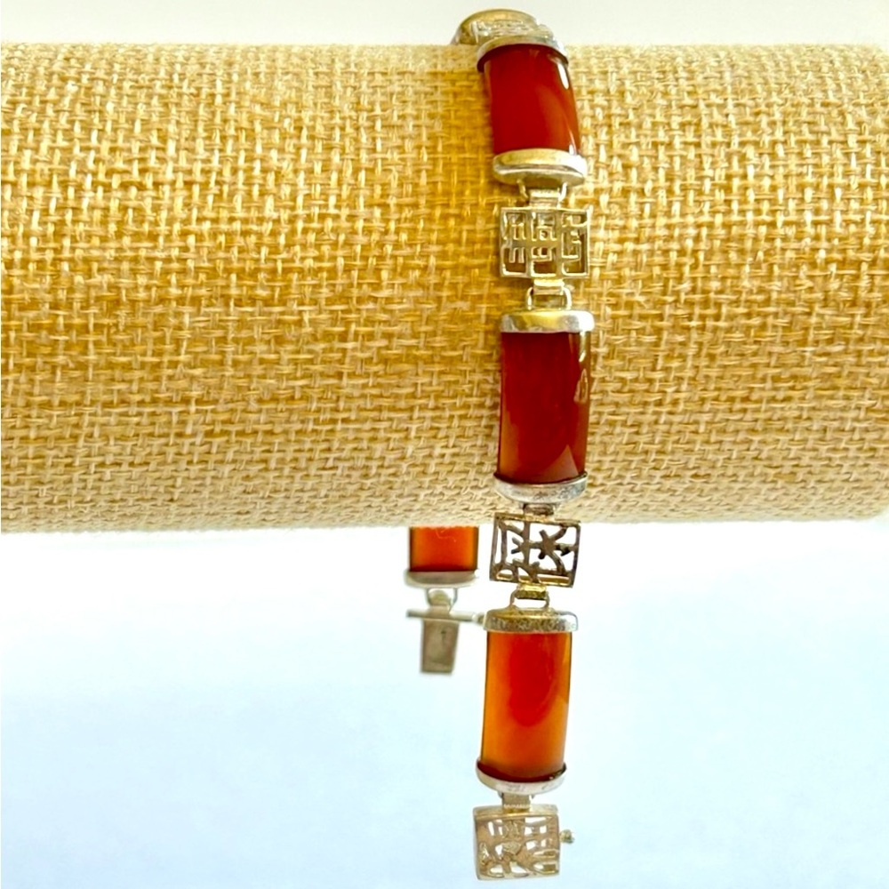 Vintage Sterling Silver 925 Curved Red Jade Panel Bracelet Good Fortune Art Deco